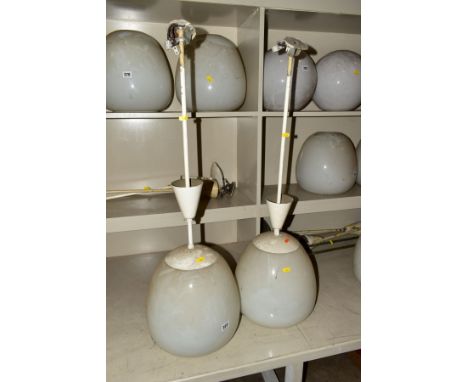 A PAIR OF OPAQUE WHITE OVOID GLASS AND PAINTED NICKEL PLATED CEILING LIGHT FITTINGS, approximate height overall 98cm x approx