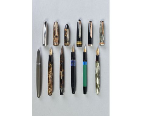 A COLLECTION OF SIX VINTAGE FOUNTAIN PENS including a Moore 94A in striped golden brown with a 14ct Maniflex nib, a Parkette 