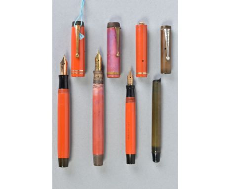 THREE PARKER DUOFOLD LUCKY CURVE AND A DUOLOLD FOUNTAINS PENS, these include one burnt orange with single cap ring and loop t
