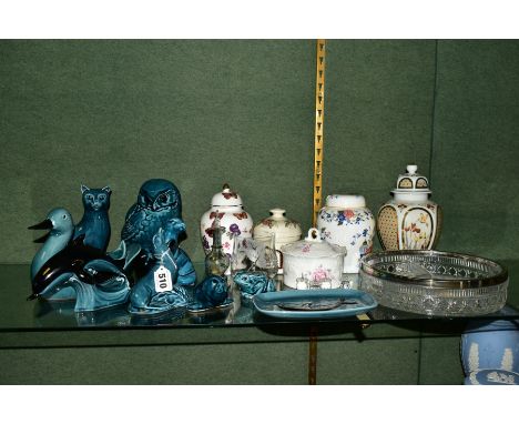 A GROUP OF POOLE POTTERY BLUE GLAZED BIRDS AND ANIMALS together with other glass and ceramics, including ginger jars and cove