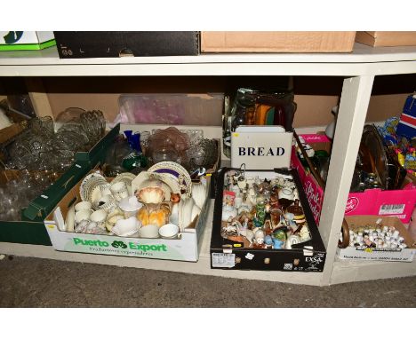 SIX BOXES OF CERAMICS, GLASSWARE AND METALWARES, etc, including a part set of late Victorian tea wares, figural ornaments, en