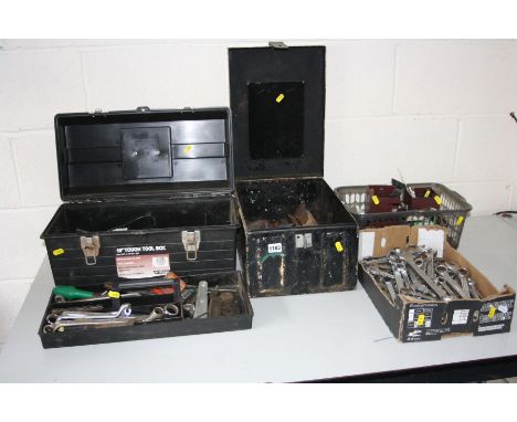 A TOOLBOX, A DEED BOX AND TWO TRAYS containing spanners, sockets and other tools (4)