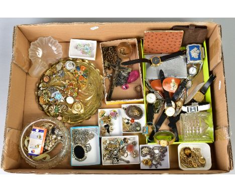 A BOX OF MAINLY COSTUME JEWELLERY AND WATCHES, to include an Exquisite leaf brooch, an enamel stickpin by Fish, various costu