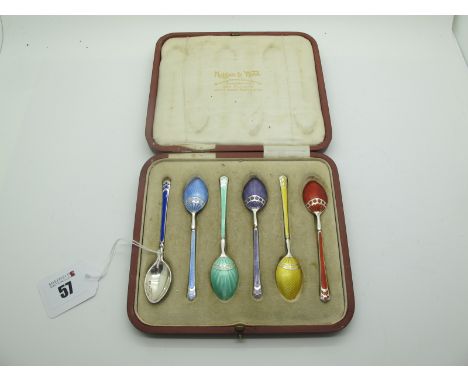 A Set of Six Hallmarked Silver and Harlequin Enamel Demitasse Spoons, Mappin &amp; Webb, Sheffield 1915, (enamel loss) in ori