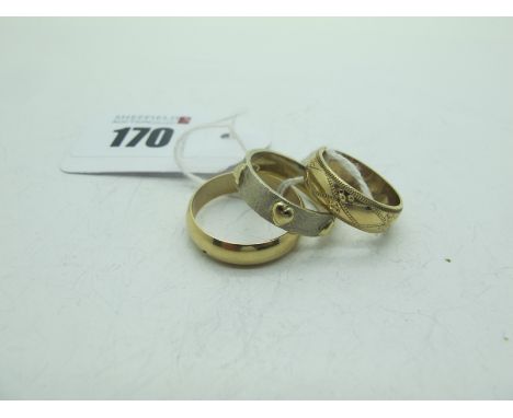 A 9ct Plain Wedding Band, (finger size T), a patterned wedding band, stamped "375" (finger size M), and a modern band, with e