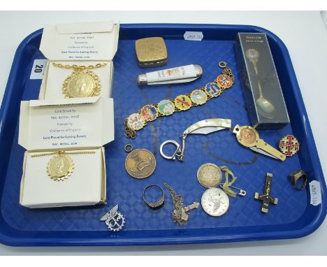 A Vintage Belgian Enamel Panel Bracelet, a penknife with inset 1946 farthing, Royal Mint coin pendants, medallion pendant "In