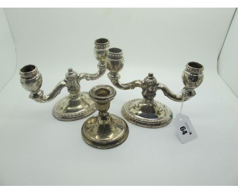 A Pair of Dwarf Twin Branch Candelabra, each on spreading oval base (filled/ one lacking base covering) stamped "925 Sterling