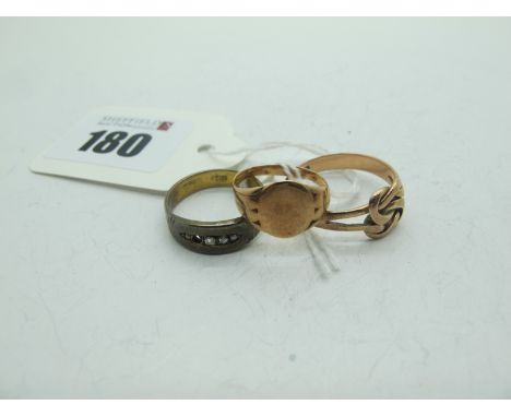 A Signet Ring, (finger size K), a knot style ring, stamped "9ct" (finger size S), and another ring, stamped "9ct" (finger siz