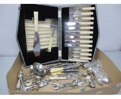 Assorted Plated Cutlery, including cased set of fish knives and forks with ivorine handles, assorted condiment spoons, sugar 