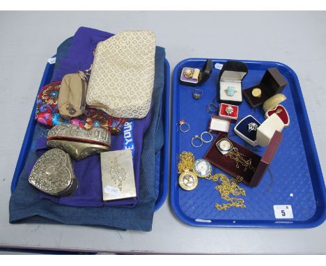 Vintage and Later Costume Dress Rings, ladies pendant watches, trinket boxes, fabric bags etc.