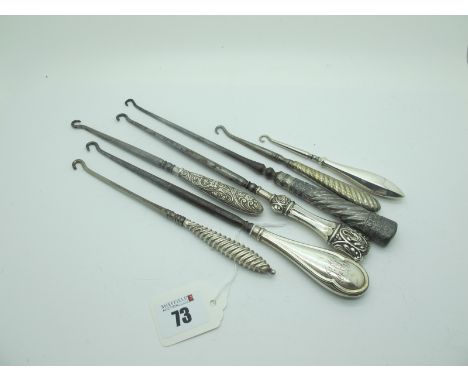 Hallmarked Silver Handled and Other Button Hooks, (7)