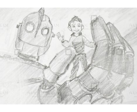 The Iron Giant (1999) - Richard Bazley (lead animator) - an original pencil on paper drawing portraying the characters Hogart