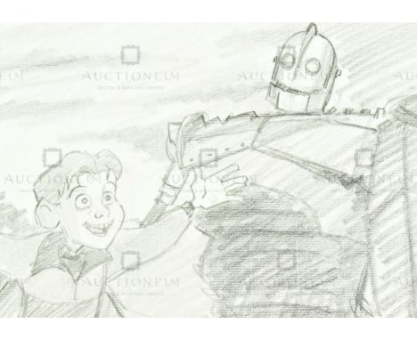 The Iron Giant (1999) - Richard Bazley (lead animator) - an original pencil on paper drawing portraying the characters Hogart