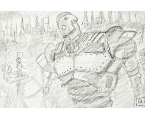 The Iron Giant (1999) - Richard Bazley (lead animator) - an original pencil on paper drawing portraying the characters Hogart