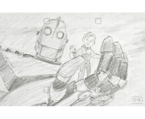 The Iron Giant (1999) - Richard Bazley (lead animator) - an original pencil on paper drawing portraying the characters Hogart