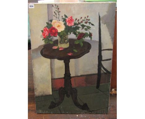 A 20th century oil painting on canvas, study of a tripod table with vase of roses in an interior setting, 37x51cm unframed