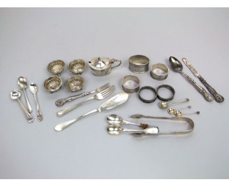 Mixed collection of silver, napkin rings, oval mustard pot, various flatware, etc, 17 oz