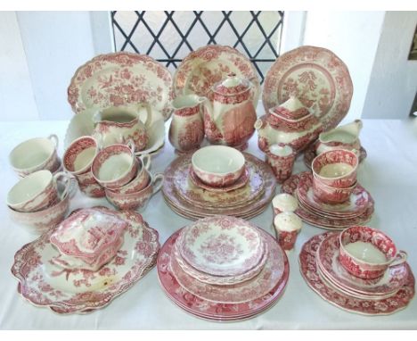 A quantity of Palissy pottery wares from the Thames River scenes series in a pink colourway including coffee pot, milk jug, p