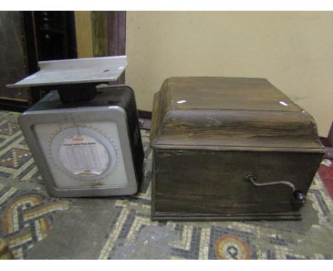 A set of vintage postage scales to weigh 2 kilos and an HMV oak cased table top gramophone (for spares), together with a coal