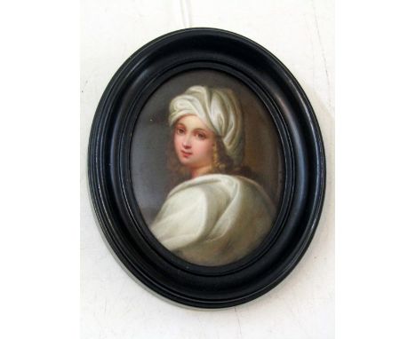A continental portrait miniature on porcelain panel of oval form of a young woman in a white turban, understood to be Beatric