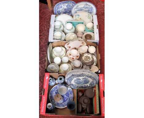 Selection of Poole pottery wares to include oblong dish, jam pot with lid, 2 sugar bowls, 4 saucers, 4 cups, 6 tea plates and