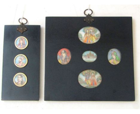 A collection of five 19th century Indian School portrait miniatures of male and female characters, dancing figures, palace, e