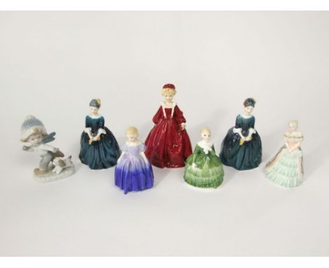 A Royal Worcester figure modelled by F G Doughty of Grandmother's Dress, number 3081, together with four Royal Doulton figure