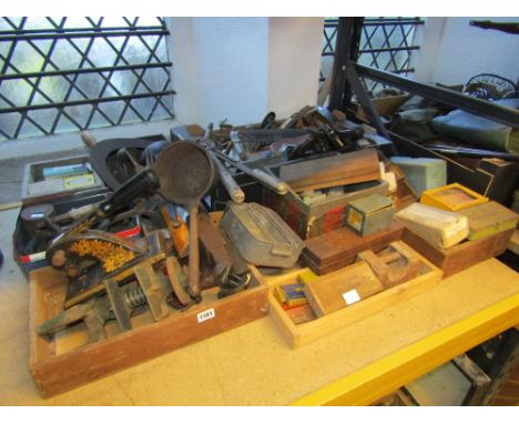 Bench anvil, record imp vice, two Stanley plane files, hand tools, etc