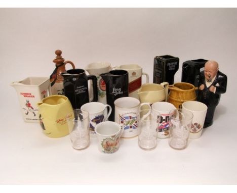 A quantity of various pub related jugs including Wade example advertising Johnnie Walker Scotch Whisky, further Wade jug for 