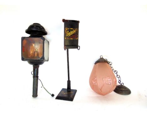 Mixed lot to include antique carriage lantern together with a further Art Nouveau pink glass pendant light and further typist