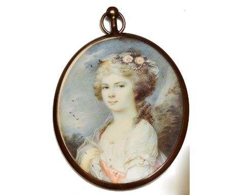 A portrait miniature of oval form showing bust length portrait of an elegant lady in 18th century style costume with flowers 