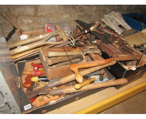 Large quantity of old hand tools, drill bits, hinges, etc, peat spades, etc