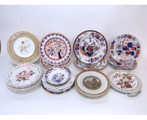 A quantity of 19th century ceramics including a Minton ribbon plate with cherub and bird detail and pierced arcaded rim, impr