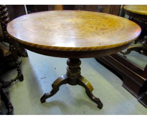 A centre/occasional table of circular form with inlaid starburst marquetry top and string banded detail raised on  central tu