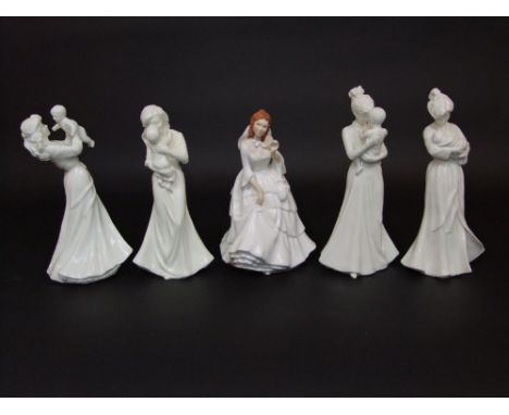 A set of four Royal Worcester white glazed figures, First Love, First Touch, First Kiss and First Smile, all showing mothers 