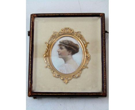 An early 20th century oval miniature portrait of a lady in pearl necklace and headband, understood to be Katherine Eleanor Ri