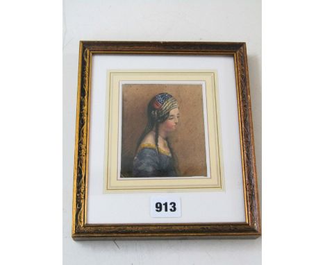 A 19th century miniature portrait, bust length study of a young woman in oriental style costume and headdress, 11x9cm in gilt