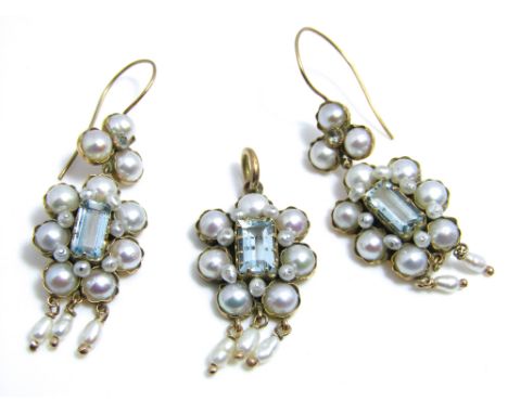 An aquamarine and pearl set demi parure in 9ct gold comprising pendant and articulated drop earrings, 7.5g total