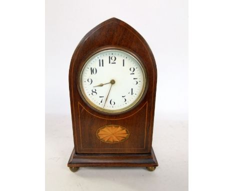 Edwardian walnut and boxwood inlaid lancet clock, 9cm dial with Arabic numerals, gilt ball feet, 23cms high