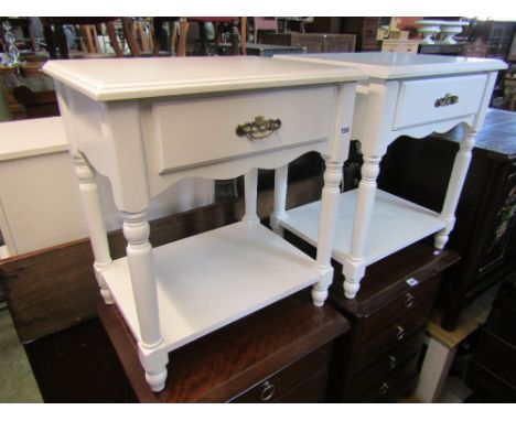 A pair of contemporary bedside or lamp tables, each fitted with a frieze drawer and turned supports with under gallery, 52cm 