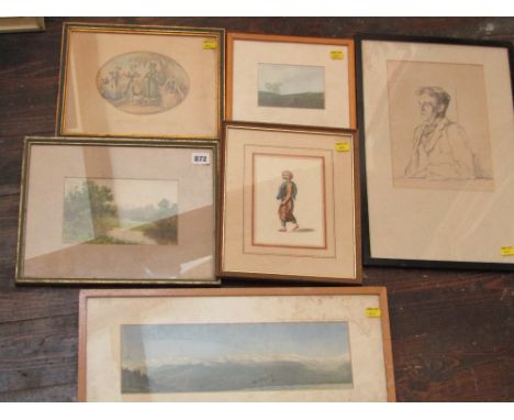 A collection of pictures and prints including a half length pencil study of a seated man, indistinctly signed bottom right an