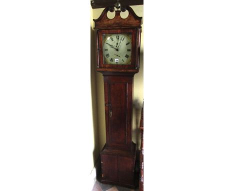 A Georgian cottage longcase clock, the oak and mahogany cross banded case with square hood and broken swan neck pediment encl