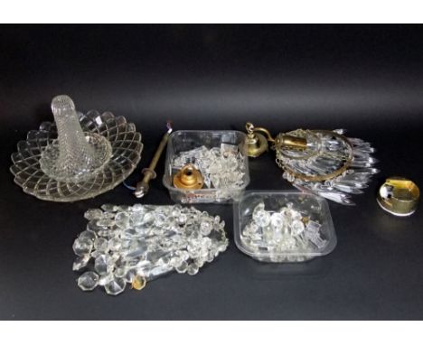 A box containing a collection of glass lighting to include prismatic drops and chandelier pieces 