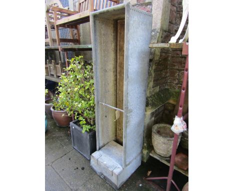 A reclaimed galvanized steel water trough of rectangular form with pop riveted seams and box cistern, approximately 6 ft long