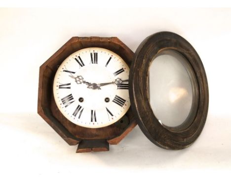 French Comtoise type drop dial wall clock, the two train dial having Roman numerals within a stained pine case