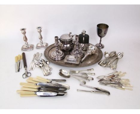 A mixed collection of silver plated wares to include silver plated goblet with applied crest of Kings College London, togethe