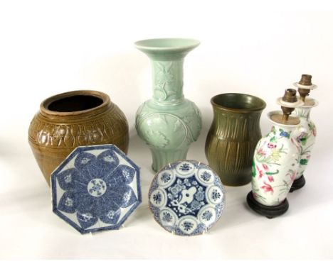 An oriental vase with celadon glaze and relief moulded floral and leaf decoration and the remains of blue character mark to b