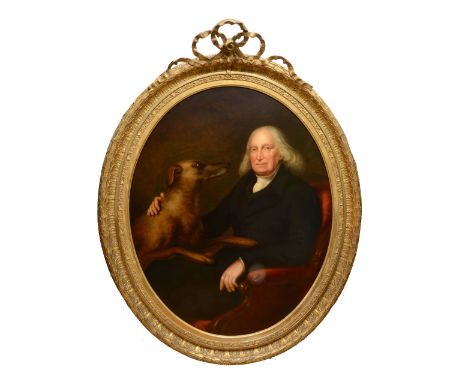 A large 19th century English school oil painting on canvas of oval form, three quarter length portrait of a seated elderly ge