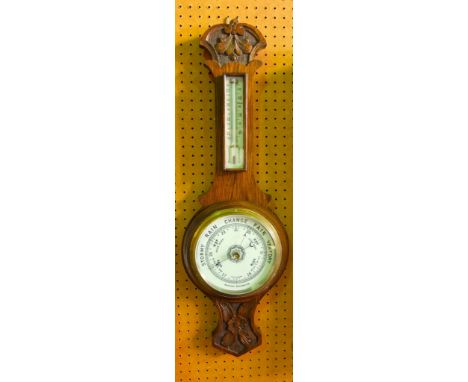 Oak aneroid barometer thermometer, 71cm high