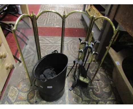 A brass and mesh four fold firescreen, circular coal hod (including coal), companion set with tools
